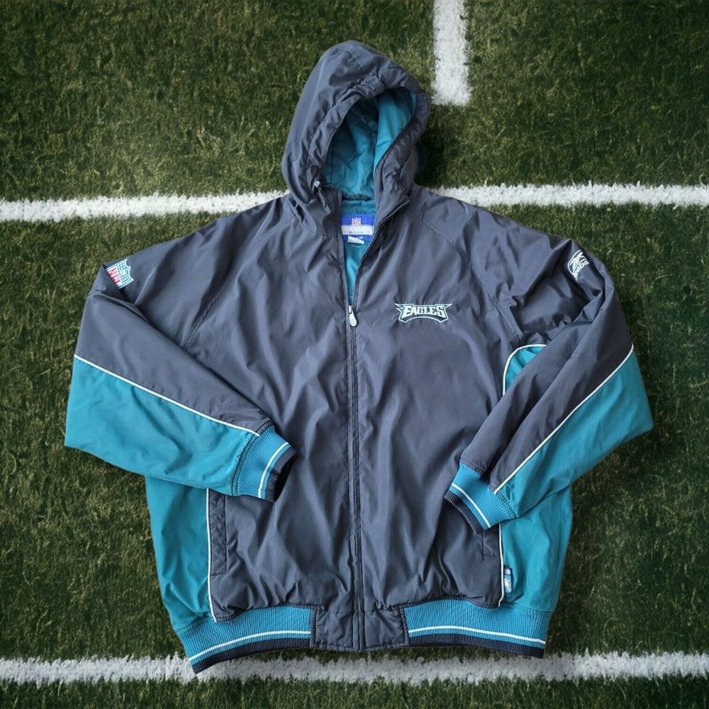 RARE VINTAGE REEBOK PHILADELPHIA EAGLES ZIP HEAVY AND HOOD MENS JACKET SZ LARGE